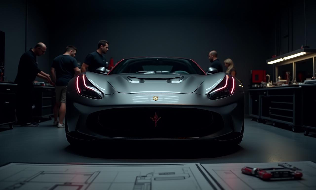 Officina Sirena Auto con auto di lusso personalizzata e team al lavoro